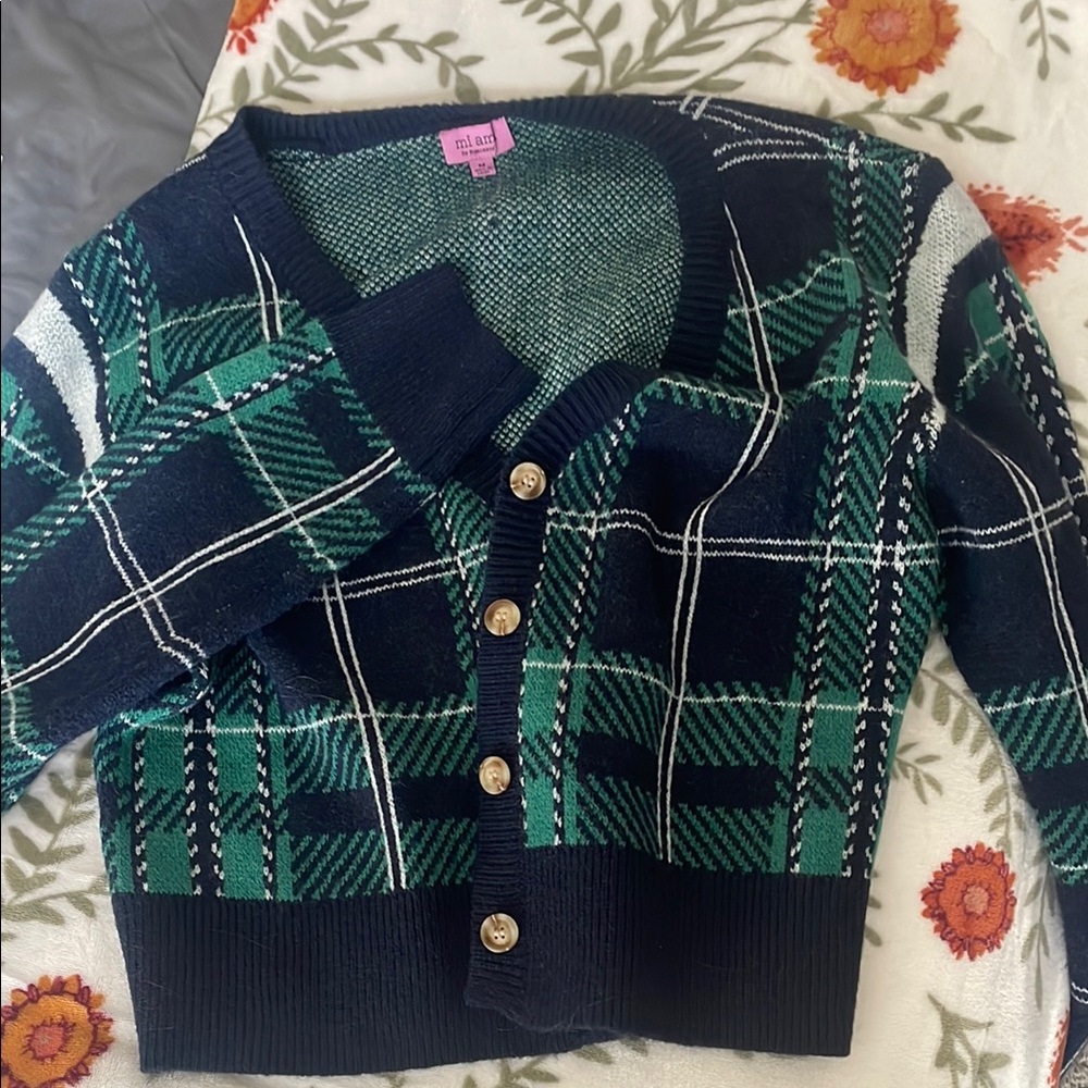 Green and Navy Plaid Cardigan with Gold Buttons